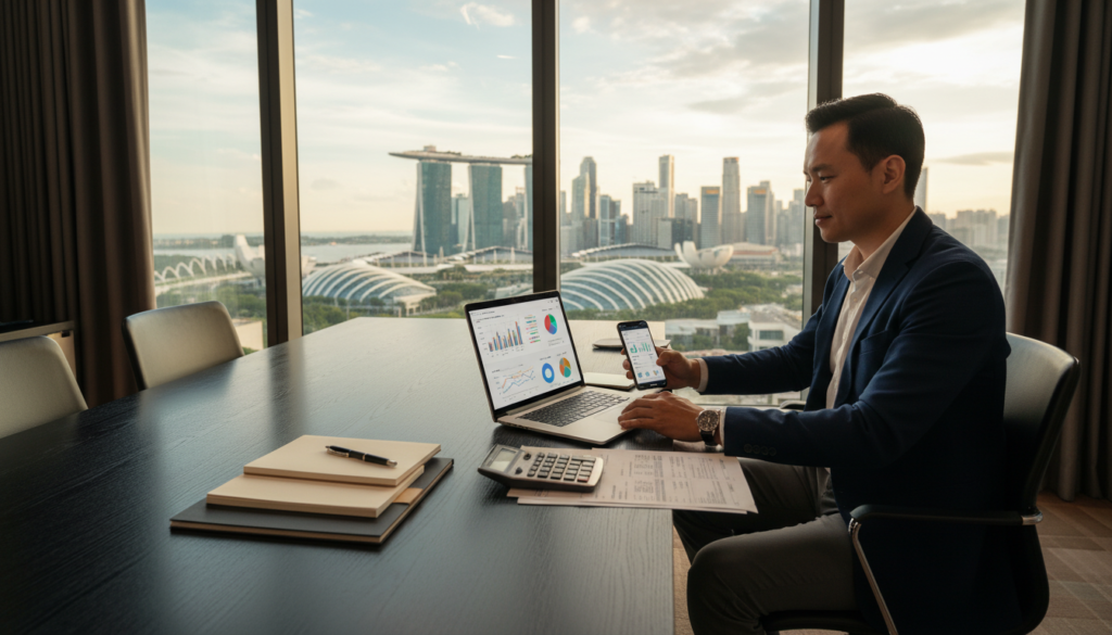 A modern home office scene showcasing cash management and treasury operations. In the foreground, a focused business professional in smart casual attire is seated at a sleek desk, using a laptop with financial graphs on the screen and a smartphone beside it. The middle layer features an organized workspace with notepads, a calculator, and financial documents, with a large window letting in soft natural light, illuminating the space. In the background, a cityscape of Singapore is visible, emphasizing a sense of global business connectivity. The atmosphere is calm and productive, with an overall photorealistic quality that conveys professionalism and efficiency. The lighting is bright yet warm, creating an inviting environment, shot from a slightly elevated angle for depth. A modern home office scene showcasing cash management and treasury operations. In the foreground, a focused business professional in smart casual attire is seated at a sleek desk, using a laptop with financial graphs on the screen and a smartphone beside it. The middle layer features an organized workspace with notepads, a calculator, and financial documents, with a large window letting in soft natural light, illuminating the space. In the background, a cityscape of Singapore is visible, emphasizing a sense of global business connectivity. The atmosphere is calm and productive, with an overall photorealistic quality that conveys professionalism and efficiency. The lighting is bright yet warm, creating an inviting environment, shot from a slightly elevated angle for depth.