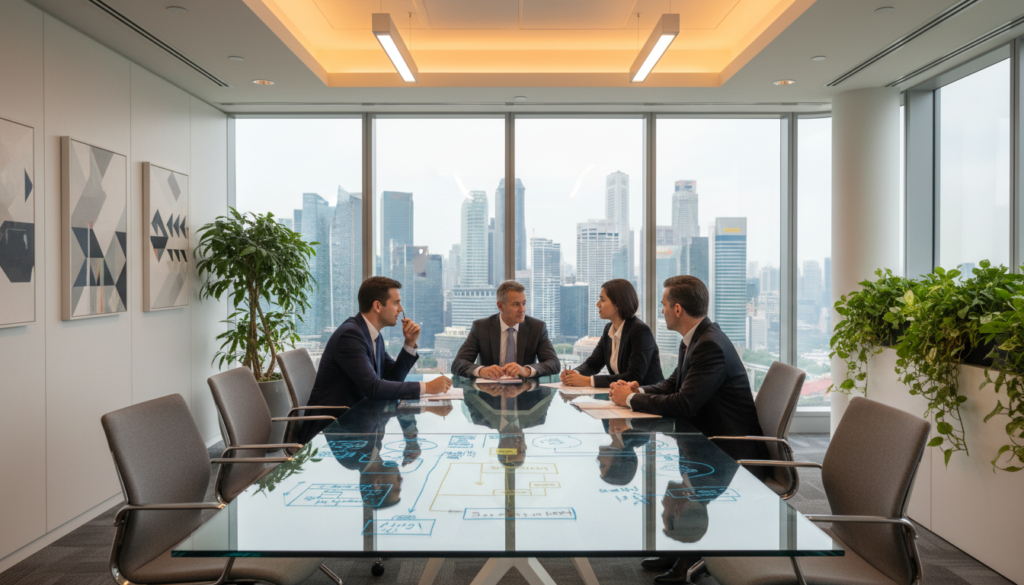 A modern meeting room designed for collaborative work, featuring a large glass table surrounded by sleek, ergonomic chairs. In the foreground, a digital whiteboard displays colorful diagrams and notes. Soft, warm lighting creates an inviting atmosphere, complemented by large windows letting in natural light, revealing a view of Singapore's skyline in the background. The walls are adorned with contemporary artwork and greenery, adding a touch of vibrancy. Include a few professionals in the room, dressed in smart business attire, engaged in discussion and collaboration. The overall mood is focused and professional, emphasizing the importance of face-to-face interaction in a virtual office setting. The image should have a photorealistic quality, captured with a lens that gives a slight depth of field, subtly blurring the background to draw attention to the foreground details.