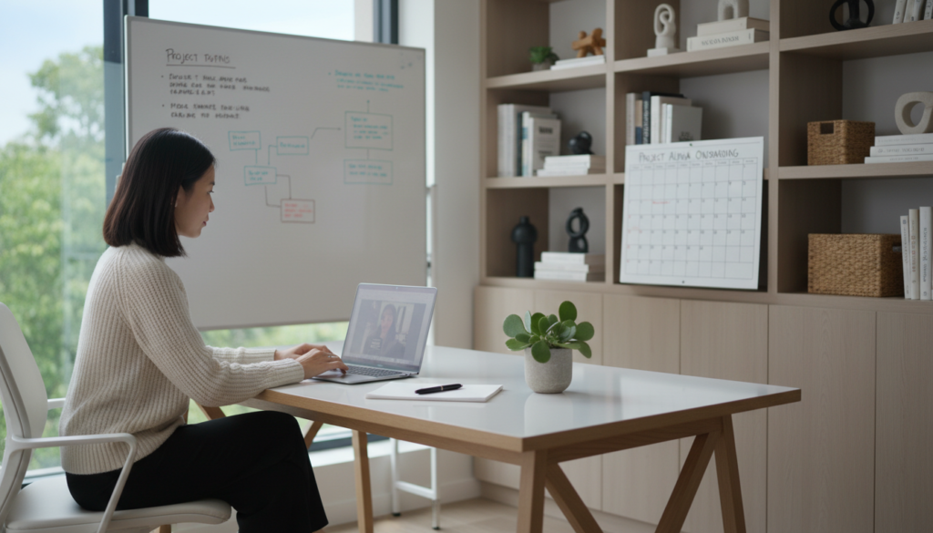 A modern, minimalist office space designed for remote work, showcasing a sleek desk with a laptop, notepad, and a plant. In the foreground, a professional woman in smart casual attire is setting up a video call on her laptop, with a focused expression. Behind her, a bright window allows natural light to flood the room, illuminating the clean lines of the furniture. The middle ground features a wall-mounted whiteboard filled with organized notes and a calendar, representing efficient onboarding processes. The background includes contemporary shelving with books and decorative items, adding a touch of personality to the workspace. The overall atmosphere is productive and welcoming, highlighting the ease of setting up a virtual office. The image is captured with a soft-focus lens effect, enhancing the professional vibe.