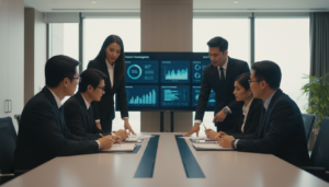 A modern office environment depicting a professional onboarding process for cash services. In the foreground, a diverse group of business professionals dressed in business attire engaged in a discussion, analyzing documents and digital interfaces on a sleek, modern table. In the middle ground, a large screen displays graphs and data insights relevant to treasury management, showcasing a high-tech atmosphere. The background features elegant office decor with large windows letting in natural light, creating a bright and welcoming space. The lighting is soft yet focused, highlighting the professionals' expressions of concentration and collaboration. The mood is one of efficiency and innovation, capturing the essence of remote treasury services for SMEs in Singapore. Photorealistic imagery with warm tones and sharp details.