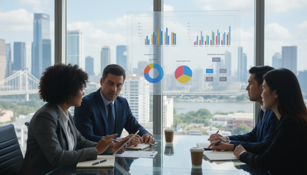 A modern office environment illustrating outsourcing services, featuring a diverse group of professionals engaged in a collaborative meeting. In the foreground, a businesswoman in a smart blazer, holding a tablet, discusses with a businessman in a tailored suit, both appearing focused and engaged. In the middle ground, a large projection screen displays analytics and strategy charts, symbolizing core activities being analyzed. The background shows a panoramic view of a bustling cityscape through large glass windows, symbolizing global outreach. The lighting is bright and natural, with soft shadows creating a professional atmosphere. The angle is slightly elevated, capturing the essence of teamwork and productivity. The overall mood is dynamic and inspiring, emphasizing efficiency in outsourcing without losing substance.