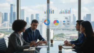 A modern office environment illustrating outsourcing services, featuring a diverse group of professionals engaged in a collaborative meeting. In the foreground, a businesswoman in a smart blazer, holding a tablet, discusses with a businessman in a tailored suit, both appearing focused and engaged. In the middle ground, a large projection screen displays analytics and strategy charts, symbolizing core activities being analyzed. The background shows a panoramic view of a bustling cityscape through large glass windows, symbolizing global outreach. The lighting is bright and natural, with soft shadows creating a professional atmosphere. The angle is slightly elevated, capturing the essence of teamwork and productivity. The overall mood is dynamic and inspiring, emphasizing efficiency in outsourcing without losing substance.