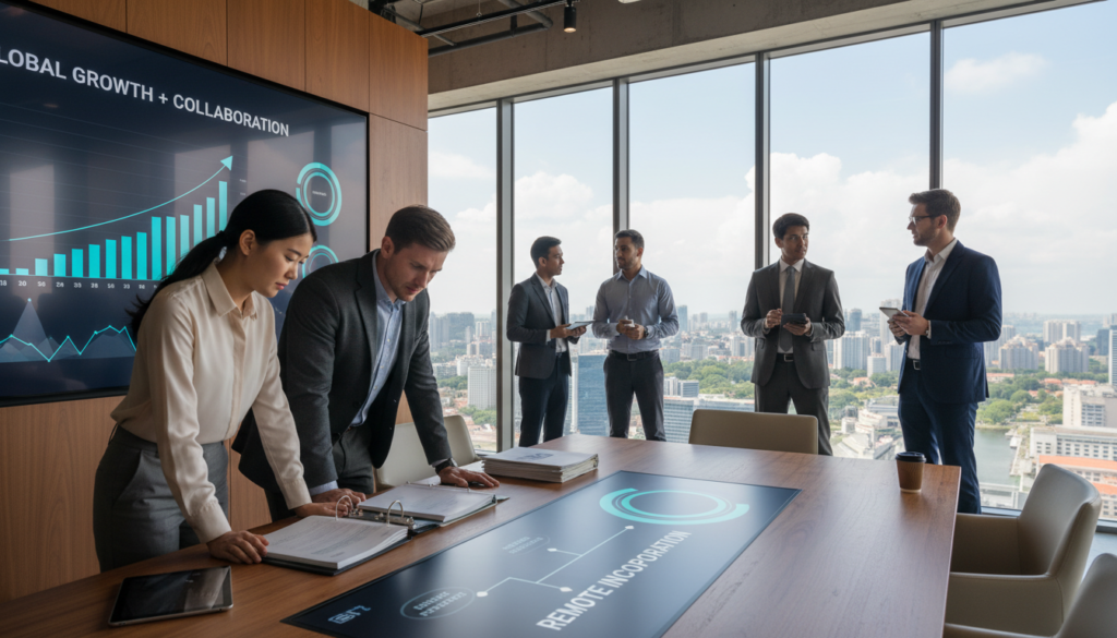 A modern office environment in Singapore, showcasing a diverse group of professionals engaged in discussions about remote company incorporation. In the foreground, two individuals—one Asian and one Caucasian—are intently reviewing documents on a sleek conference table, dressed in business attire. In the middle, a large window reveals a panoramic view of Singapore’s skyline, emphasizing the city’s iconic skyscrapers under bright, natural lighting. In the background, a digital screen displays charts and graphs, symbolizing growth and collaboration. The atmosphere is focused and dynamic, illustrating the benefits of remote business registration in a globalized economy. The image is photorealistic, captured with a wide-angle lens to accentuate the workspace. A modern office environment in Singapore, showcasing a diverse group of professionals engaged in discussions about remote company incorporation. In the foreground, two individuals—one Asian and one Caucasian—are intently reviewing documents on a sleek conference table, dressed in business attire. In the middle, a large window reveals a panoramic view of Singapore’s skyline, emphasizing the city’s iconic skyscrapers under bright, natural lighting. In the background, a digital screen displays charts and graphs, symbolizing growth and collaboration. The atmosphere is focused and dynamic, illustrating the benefits of remote business registration in a globalized economy. The image is photorealistic, captured with a wide-angle lens to accentuate the workspace.