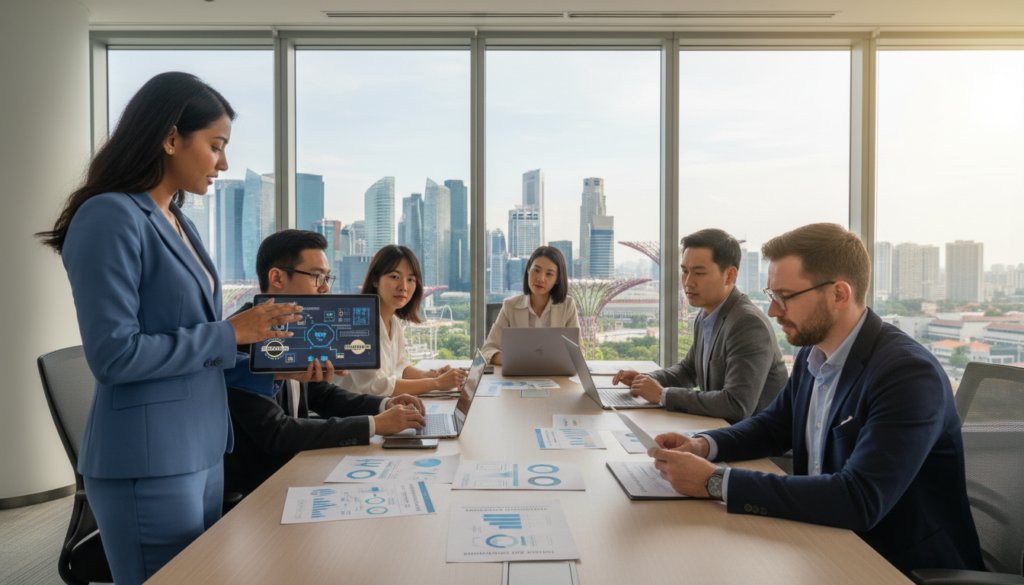 A modern office environment in Singapore, showcasing a diverse group of professionals engaging in a collaborative discussion about data protection compliance for remote companies. In the foreground, a South Asian woman in professional attire points at a digital tablet, while a Caucasian man in a blazer reviews a document. The middle ground features a sleek conference table filled with laptops and compliance charts, with a backdrop of large windows revealing Singapore’s skyline. The lighting is bright and natural, suggesting a productive atmosphere. The overall mood is focused and innovative, emphasizing teamwork and security in the context of data protection compliance. The image is photorealistic, with a wide-angle lens perspective to capture the dynamic office space.