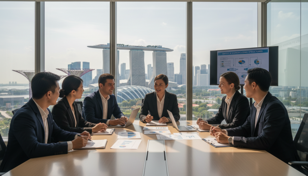 A modern office environment representing a private limited company, with a polished conference table in the foreground surrounded by diverse professionals in business attire, engaged in discussion and strategy planning. In the middle ground, a large window offers a view of Singapore's skyline, featuring iconic buildings, creating a backdrop that conveys business growth. Soft, natural light filters through the glass, casting gentle shadows across the room. The atmosphere is collaborative and dynamic, emphasizing the importance of making informed decisions about entity and shareholding structures. The image should be photorealistic, with a focus on details like laptops, charts, and documents to highlight the business context, shot from a slightly elevated angle to capture both the professionals and the view.