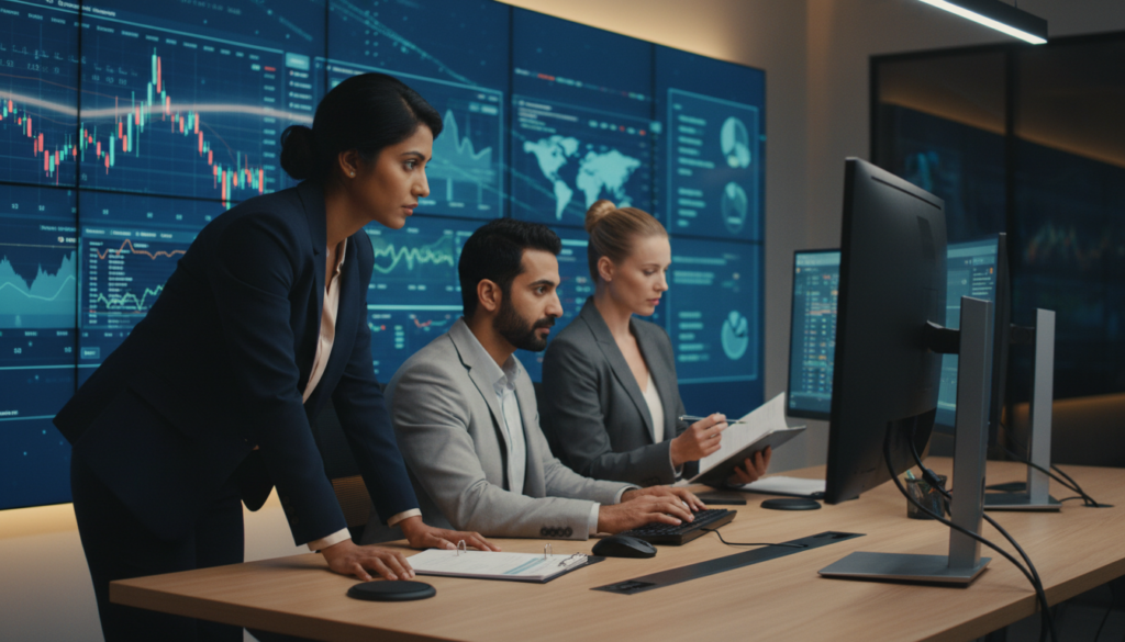 A modern office environment showcasing a diverse team of three professionals engaged in monitoring financial transactions on multiple computer screens. In the foreground, a South Asian woman in business attire focuses intently on a screen displaying charts and data analytics. Nearby, a Middle-Eastern man adjusts filters on a sanctions screening tool, while a Caucasian woman notes suspicious patterns in a report. The middle ground shows sleek desks with advanced technology, and large screens in the background highlight graphics of analytical data and compliance metrics. Soft, ambient lighting illuminates the room, creating a serious yet focused atmosphere, with a slight focus effect to enhance the central actions of the team. The composition is balanced, depicting a modern and proactive compliance approach. A modern office environment showcasing a diverse team of three professionals engaged in monitoring financial transactions on multiple computer screens. In the foreground, a South Asian woman in business attire focuses intently on a screen displaying charts and data analytics. Nearby, a Middle-Eastern man adjusts filters on a sanctions screening tool, while a Caucasian woman notes suspicious patterns in a report. The middle ground shows sleek desks with advanced technology, and large screens in the background highlight graphics of analytical data and compliance metrics. Soft, ambient lighting illuminates the room, creating a serious yet focused atmosphere, with a slight focus effect to enhance the central actions of the team. The composition is balanced, depicting a modern and proactive compliance approach.