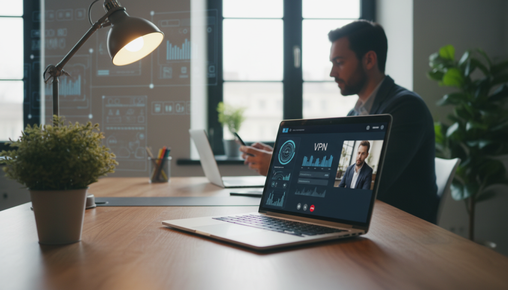 A modern office environment showcasing a secure virtual private network (VPN) access setup. In the foreground, a sleek laptop is open on a polished wooden desk, illuminated by soft, warm lighting from a nearby lamp. The screen displays a VPN interface with graphs and connection indicators, reflecting focus and productivity. In the middle ground, a business professional, dressed in smart casual attire, is engaged in a video call on their smartphone, demonstrating remote communication. Potted plants add a touch of greenery, while light filters in through a large window, casting a serene atmosphere. The background features abstract digital security motifs, symbolizing cybersecurity. The overall mood should convey a sense of trust, security, and professionalism in a remote working context, captured with a photorealistic style and a shallow depth of field to enhance focus on the main elements.