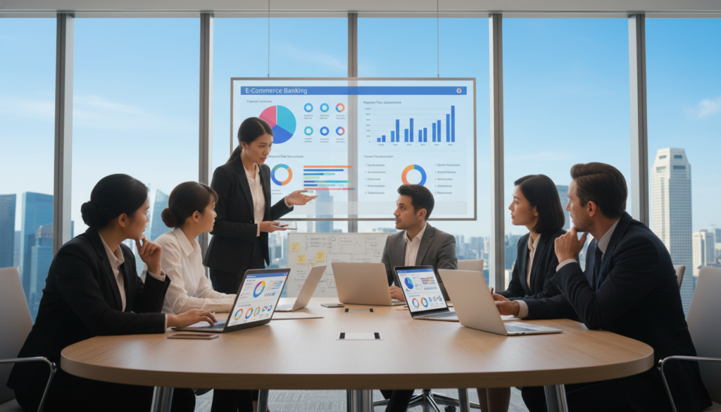 A modern office environment showcasing a sleek conference table and laptops displaying digital banking platforms. In the foreground, a diverse group of professionals dressed in smart business attire, engaged in a discussion about e-commerce banking options, with focused expressions. The middle ground features well-organized visual aids, such as charts and graphs illustrating key metrics of various banking solutions. The background reveals a panoramic view of Singapore’s skyline with tall buildings under a clear blue sky. Soft, natural lighting filters through large windows, creating a professional and dynamic atmosphere. The image feels vibrant yet serious, capturing the essence of innovative banking solutions for e-commerce businesses. The focus should be on collaboration and technology, emphasizing clarity and professionalism.