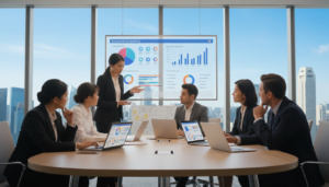 A modern office environment showcasing a sleek conference table and laptops displaying digital banking platforms. In the foreground, a diverse group of professionals dressed in smart business attire, engaged in a discussion about e-commerce banking options, with focused expressions. The middle ground features well-organized visual aids, such as charts and graphs illustrating key metrics of various banking solutions. The background reveals a panoramic view of Singapore’s skyline with tall buildings under a clear blue sky. Soft, natural lighting filters through large windows, creating a professional and dynamic atmosphere. The image feels vibrant yet serious, capturing the essence of innovative banking solutions for e-commerce businesses. The focus should be on collaboration and technology, emphasizing clarity and professionalism.