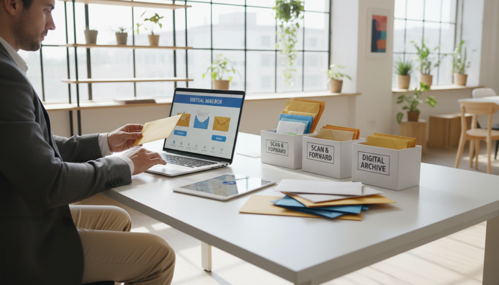 A modern office environment showcasing a virtual mailbox and mail handling services. In the foreground, a professional businessperson, dressed in smart attire, is efficiently sorting through mail at a sleek, organized desk. The middle ground features a stack of colorful envelopes and packages neatly arranged, with a laptop displaying a virtual mailbox interface. In the background, large windows let in natural light illuminating the contemporary office space, filled with plants and minimalistic decor. The atmosphere is focused and productive, with a sense of control and organization. The image is photorealistic, shot from a slightly elevated angle to capture both the desk activity and the vibrant, inviting office ambiance.