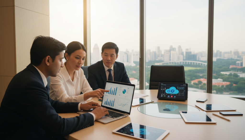 A modern office environment showcasing the concept of data integrity in remote audit preparation. In the foreground, a diverse group of three professionals in business attire, two men and one woman, collaboratively examining digital data on a sleek laptop, with data charts and graphs displayed on the screen. In the middle ground, a glass conference table surrounded by electronic devices like tablets and smartphones, symbolizing connectivity and remote work. The background features a large window with a cityscape of Singapore, emphasizing the urban setting. Soft, natural lighting flows in, creating an optimistic and professional atmosphere. The image should have a clean, photorealistic quality, accentuating clarity and focus on teamwork and technology.