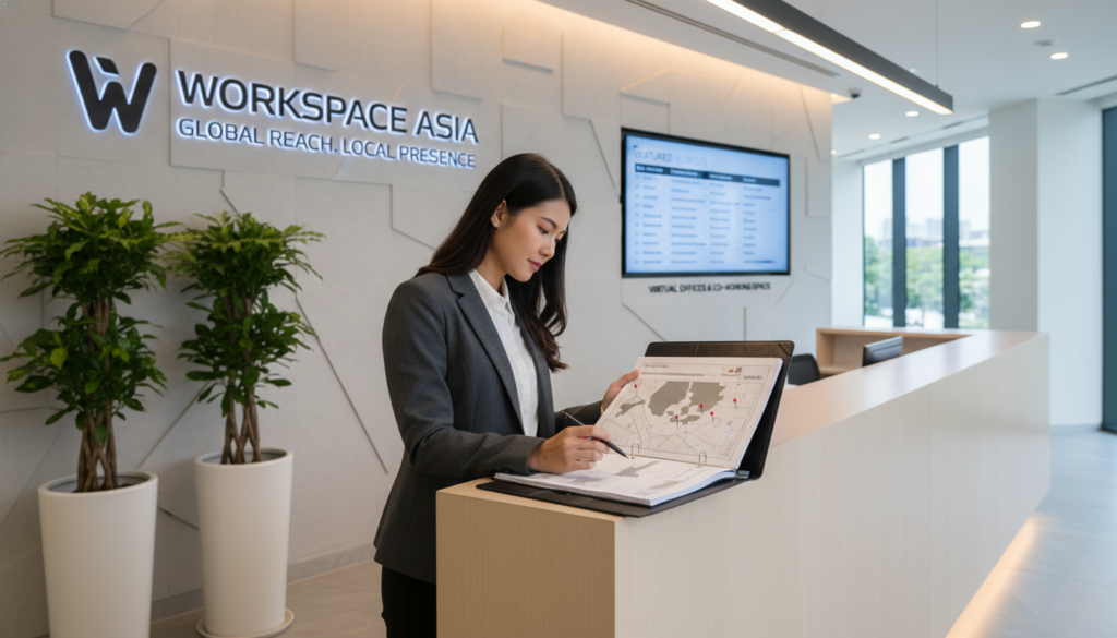 A modern office reception area in Singapore, featuring a sleek, minimalist design with a polished wooden desk, potted plants, and bright, ambient lighting. In the foreground, a professional businesswoman in smart attire is reviewing a large open folder filled with documents, including a printed map of potential new registered addresses. In the middle ground, a digital screen displays a list of businesses, while the back wall showcases branding elements related to virtual offices. The lighting is soft yet sufficient, creating a welcoming atmosphere, and the camera angle is set at eye level to capture the bustling yet organized essence of a business environment. The overall mood conveys professionalism and efficiency, perfect for the context of updating business details.