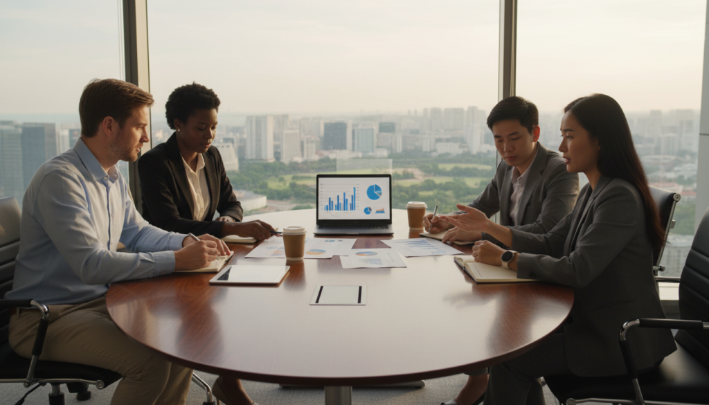 A modern office scene depicting the concept of a "private limited company," featuring a diverse group of four professionals engaged in a discussion around a sleek conference table. In the foreground, a confident woman in a tailored blazer gestures as she presents data on a laptop, while a man in business casual attire takes notes. In the middle, documents and financial charts are spread across the table, symbolizing planning and strategy. The background showcases a glass wall with a city skyline, indicative of Singapore’s vibrant business environment. Soft, natural lighting filters through the windows, creating a productive and optimistic atmosphere. The overall mood is professional and collaborative, ideal for illustrating the concept of choosing the right business structure for startups. A modern office scene depicting the concept of a "private limited company," featuring a diverse group of four professionals engaged in a discussion around a sleek conference table. In the foreground, a confident woman in a tailored blazer gestures as she presents data on a laptop, while a man in business casual attire takes notes. In the middle, documents and financial charts are spread across the table, symbolizing planning and strategy. The background showcases a glass wall with a city skyline, indicative of Singapore’s vibrant business environment. Soft, natural lighting filters through the windows, creating a productive and optimistic atmosphere. The overall mood is professional and collaborative, ideal for illustrating the concept of choosing the right business structure for startups.