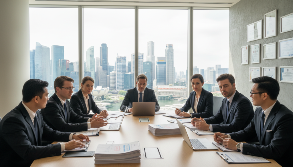 A modern office scene depicting the concept of "government approvals" in a professional setting. In the foreground, a diverse group of businesspeople, dressed in professional attire, are engaged in a discussion around a conference table stacked with official documents and laptops. In the middle ground, a large window shows a cityscape of Singapore, with iconic buildings reflecting in the bright, natural light. The background features a wall with framed licenses and approvals, showcasing various certifications. The atmosphere is serious yet collaborative, emphasizing focus and determination. The lighting is bright and inviting, providing a clear view of the details, captured from a slightly elevated angle for a comprehensive perspective. The image is photorealistic, emphasizing professionalism and the essence of government licensing.