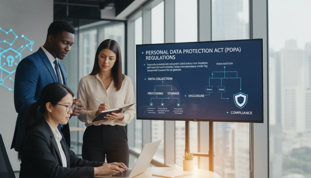 A modern office scene reflecting "PDPA compliance," featuring a diverse group of three professionals in smart business attire. In the foreground, a woman of Asian descent examines data on her laptop, while a Black man discusses compliance strategies with a Hispanic woman who is taking notes. Their expressions convey focus and collaboration. In the middle, a large digital screen displays key PDPA regulations and a flowchart representing data protection processes. The background shows a sleek, well-lit office space with glass walls and abstract art symbolizing data integrity and security. The lighting is bright yet warm, enhancing the professional atmosphere with subtle reflections on glass surfaces. The mood is serious yet optimistic, emphasizing teamwork and commitment to data protection.
