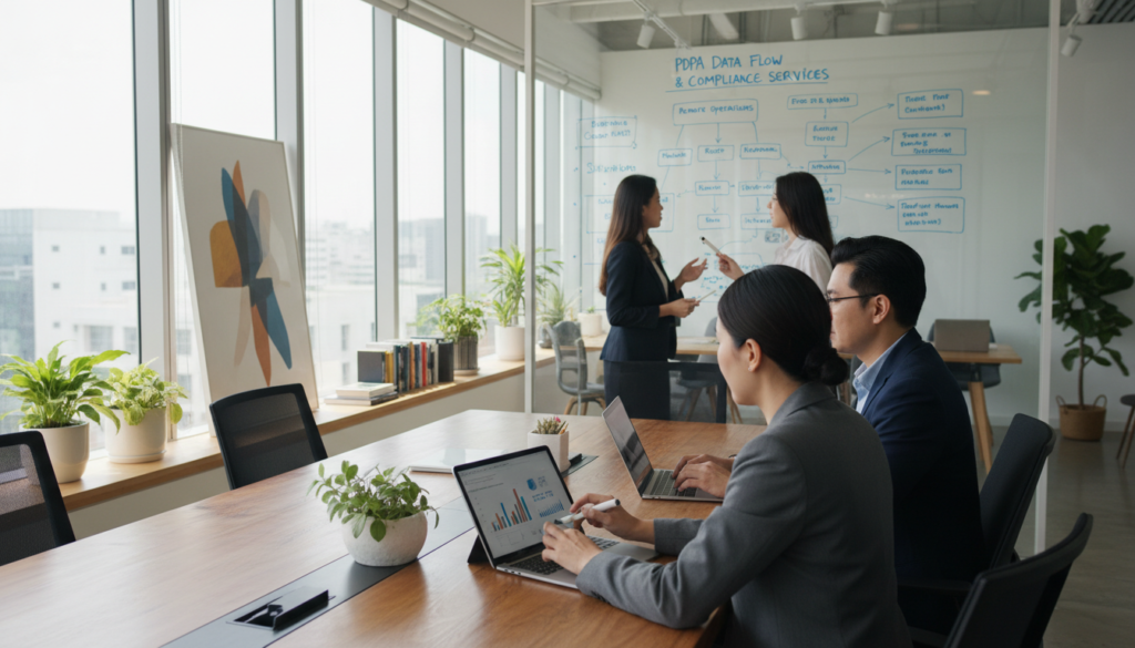 A modern office setting featuring a diverse group of professionals engaged in a discussion about PDPA compliance services. In the foreground, a businesswoman in a sleek suit is reviewing a digital tablet displaying charts and compliance guidelines, while a businessman in a smart blazer takes notes on a laptop. In the middle background, a large whiteboard displays flowcharts and diagrams related to data protection strategies. Soft natural light filters through large windows, creating a bright and inviting atmosphere. The overall mood is focused and collaborative, emphasizing the importance of compliance in remote operations. Photorealistic, with attention to details like office decor and professional attire.