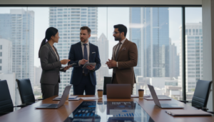 A modern office setting featuring a glass-walled conference room. In the foreground, a diverse group of three business professionals—one Asian woman, one Caucasian man, and one South Asian man—are engaged in a discussion. They are dressed in professional attire, with suits and smart accessories, reflecting a corporate atmosphere. The middle ground shows a large table with laptops, documents, and a digital screen displaying graphs related to compliance and business structure. The background reveals a city skyline through the conference room windows, suggesting a bustling business district. The lighting is bright and natural, creating an open and inviting mood, while a slight lens blur adds focus to the professionals, emphasizing the theme of business decisions in regulated industries.