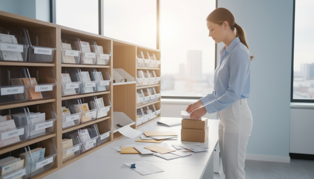 A modern office setting focusing on mail handling, featuring a sleek, organized mail room. In the foreground, a professional woman in business attire expertly sorts through envelopes and packages at a contemporary desk, showcasing efficient workflow. In the middle ground, a well-organized shelving unit filled with labelled bins containing letters, parcels, and cheques, emphasizing organization. In the background, large windows allow natural light to flood the room, enhancing the productive atmosphere. The color palette is fresh and inviting, with light blues and whites dominating the scene. The image should have a warm, professional mood, captured with a soft focus to highlight the main action in the foreground while maintaining detail in the background, evoking a sense of reliability and operational efficiency.
