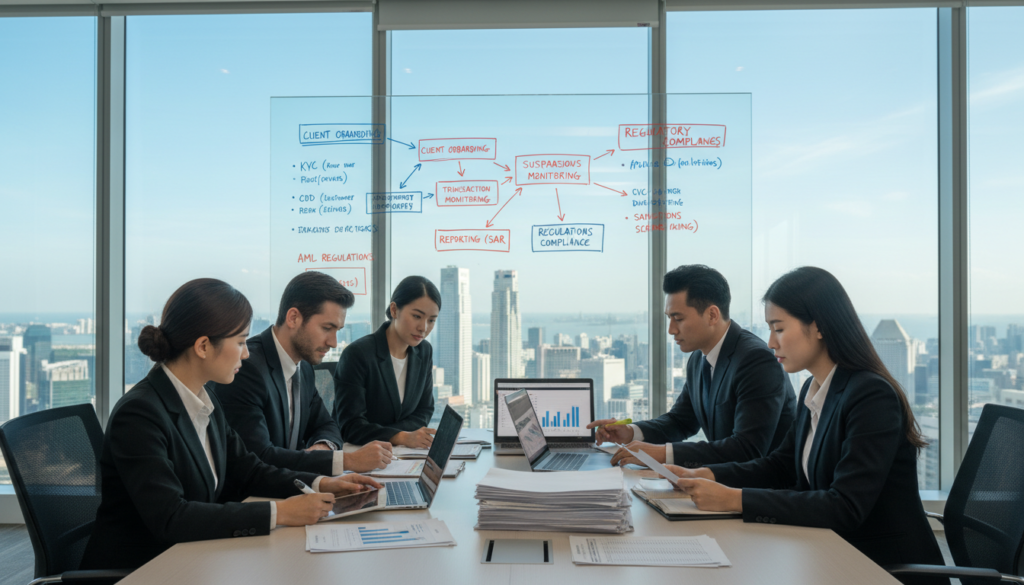 A modern office setting illustrating the concept of anti-money laundering checks. In the foreground, a diverse group of professionals in formal business attire are gathered around a table, engaging in a discussion. They are analyzing various documents and data on laptops, illustrating financial assessments. In the middle, a whiteboard filled with flowcharts and notes about compliance regulations is prominently displayed. The background showcases large windows with a view of Singapore's skyline, adding an urban feel. Bright, natural light illuminates the space, creating a serious yet focused atmosphere. The image should invoke a sense of diligence and accountability, emphasizing the importance of scrutiny in banking processes. The composition should be sharply focused, capturing the intricate details of the documents and expressions of the professionals. A modern office setting illustrating the concept of anti-money laundering checks. In the foreground, a diverse group of professionals in formal business attire are gathered around a table, engaging in a discussion. They are analyzing various documents and data on laptops, illustrating financial assessments. In the middle, a whiteboard filled with flowcharts and notes about compliance regulations is prominently displayed. The background showcases large windows with a view of Singapore's skyline, adding an urban feel. Bright, natural light illuminates the space, creating a serious yet focused atmosphere. The image should invoke a sense of diligence and accountability, emphasizing the importance of scrutiny in banking processes. The composition should be sharply focused, capturing the intricate details of the documents and expressions of the professionals.