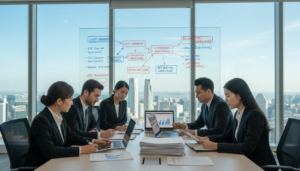 A modern office setting illustrating the concept of anti-money laundering checks. In the foreground, a diverse group of professionals in formal business attire are gathered around a table, engaging in a discussion. They are analyzing various documents and data on laptops, illustrating financial assessments. In the middle, a whiteboard filled with flowcharts and notes about compliance regulations is prominently displayed. The background showcases large windows with a view of Singapore's skyline, adding an urban feel. Bright, natural light illuminates the space, creating a serious yet focused atmosphere. The image should invoke a sense of diligence and accountability, emphasizing the importance of scrutiny in banking processes. The composition should be sharply focused, capturing the intricate details of the documents and expressions of the professionals.