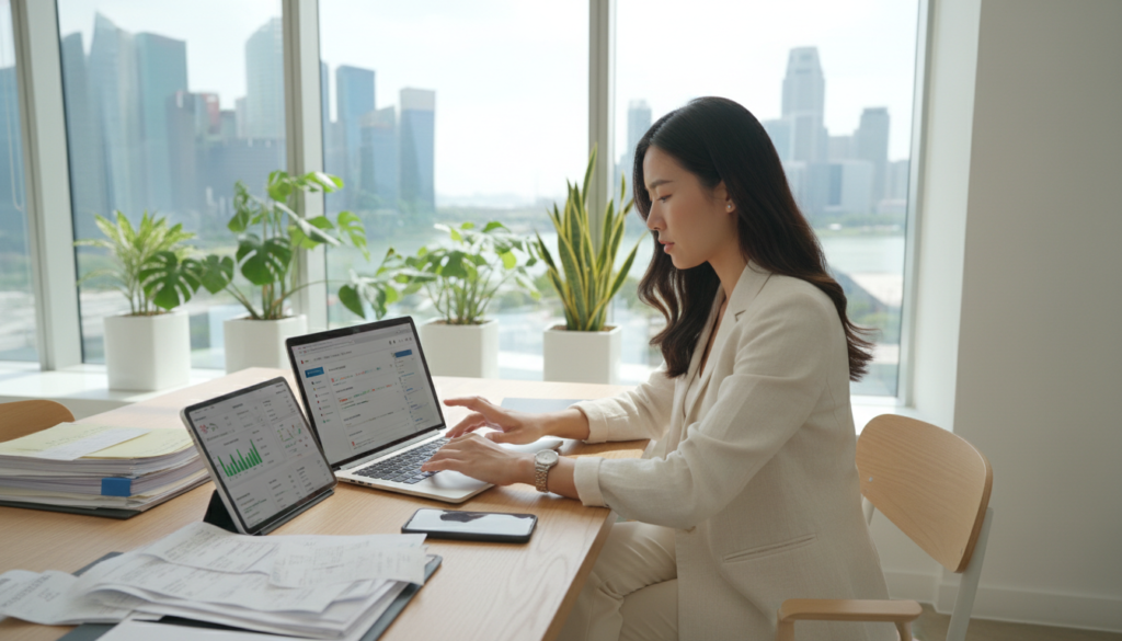 A modern office setting showcasing a professional workspace designed for ecommerce sellers in Singapore. In the foreground, a sleek desk with a laptop open to a banking website, surrounded by well-organized financial documents and a smartphone displaying ecommerce metrics. A professional Asian businesswoman in smart casual attire, actively engaged in managing her business account, sits at the desk with a focused expression. In the middle ground, there are potted plants and a cityscape view through large windows, giving a sense of a dynamic business environment. Soft, natural lighting floods the space, creating an inviting atmosphere. The angle is slightly elevated, offering a clear view of both the individual and the workspace, emphasizing professionalism and productivity. A modern office setting showcasing a professional workspace designed for ecommerce sellers in Singapore. In the foreground, a sleek desk with a laptop open to a banking website, surrounded by well-organized financial documents and a smartphone displaying ecommerce metrics. A professional Asian businesswoman in smart casual attire, actively engaged in managing her business account, sits at the desk with a focused expression. In the middle ground, there are potted plants and a cityscape view through large windows, giving a sense of a dynamic business environment. Soft, natural lighting floods the space, creating an inviting atmosphere. The angle is slightly elevated, offering a clear view of both the individual and the workspace, emphasizing professionalism and productivity.