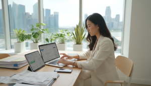A modern office setting showcasing a professional workspace designed for ecommerce sellers in Singapore. In the foreground, a sleek desk with a laptop open to a banking website, surrounded by well-organized financial documents and a smartphone displaying ecommerce metrics. A professional Asian businesswoman in smart casual attire, actively engaged in managing her business account, sits at the desk with a focused expression. In the middle ground, there are potted plants and a cityscape view through large windows, giving a sense of a dynamic business environment. Soft, natural lighting floods the space, creating an inviting atmosphere. The angle is slightly elevated, offering a clear view of both the individual and the workspace, emphasizing professionalism and productivity.