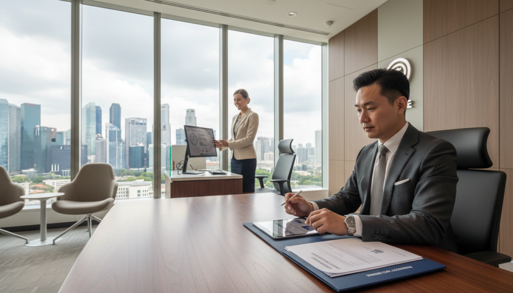A modern office setting showcasing the account opening process for a foreign-owned company in Singapore. In the foreground, a professional businessperson (Asian descent, male) is seated at a polished wooden desk, reviewing documents on a tablet, dressed in a tailored suit. The middle ground features a sleek, modern bank branch with a friendly bank representative (female, Caucasian) in professional attire, assisting another client. The background shows large glass windows allowing natural light to flood the space, revealing the vibrant Singapore skyline. Soft, diffused lighting creates an inviting atmosphere, emphasizing professionalism and efficiency. Capture this scene with a wide-angle lens to depict a sense of openness and trust in the financial process. A modern office setting showcasing the account opening process for a foreign-owned company in Singapore. In the foreground, a professional businessperson (Asian descent, male) is seated at a polished wooden desk, reviewing documents on a tablet, dressed in a tailored suit. The middle ground features a sleek, modern bank branch with a friendly bank representative (female, Caucasian) in professional attire, assisting another client. The background shows large glass windows allowing natural light to flood the space, revealing the vibrant Singapore skyline. Soft, diffused lighting creates an inviting atmosphere, emphasizing professionalism and efficiency. Capture this scene with a wide-angle lens to depict a sense of openness and trust in the financial process.