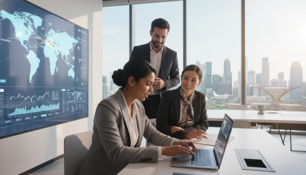 A modern office setting with a diverse group of professionals collaborating on cross-border payment solutions. In the foreground, a South Asian woman in business attire is analyzing digital transaction data on a sleek laptop, showcasing graphs and currency conversions. In the middle ground, a Middle-Eastern man is discussing strategies with a Southeast Asian colleague, pointing at a digital map that illustrates global payment routes. The background features large windows with a vibrant city skyline of Singapore, symbolizing economic growth. Soft, natural lighting streams in, creating a bright and optimistic atmosphere. The composition is balanced with a focus on teamwork and innovation, expressed in a photorealistic style.