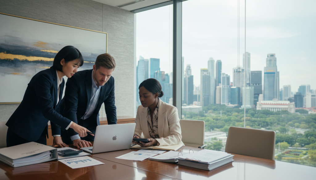 A modern office setting with a focus on due diligence in banking. In the foreground, a diverse group of three professionals – a woman of Asian descent, a man of Caucasian descent, and a Black woman – are deeply engaged in analyzing documents at a sleek conference table. They wear professional business attire, such as blazers and dress shirts. Papers, a laptop, and a calculator are visible, highlighting their work. In the middle ground, a large glass wall reveals cityscape views of Singapore, showcasing skyscrapers and greenery. Soft natural light streams in, creating an inviting and focused atmosphere. The background features abstract art on the walls, enhancing the professional aesthetic. Capture the image in a wide-angle shot to convey teamwork and diligence. A modern office setting with a focus on due diligence in banking. In the foreground, a diverse group of three professionals – a woman of Asian descent, a man of Caucasian descent, and a Black woman – are deeply engaged in analyzing documents at a sleek conference table. They wear professional business attire, such as blazers and dress shirts. Papers, a laptop, and a calculator are visible, highlighting their work. In the middle ground, a large glass wall reveals cityscape views of Singapore, showcasing skyscrapers and greenery. Soft natural light streams in, creating an inviting and focused atmosphere. The background features abstract art on the walls, enhancing the professional aesthetic. Capture the image in a wide-angle shot to convey teamwork and diligence.