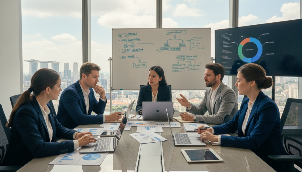 A modern office setting with a group of diverse professionals discussing around a sleek conference table, all dressed in smart business attire. The foreground features a well-organized table with laptops, documents, and charts depicting financial data. In the middle ground, a large window reveals the iconic Singapore skyline, emphasizing the city’s vibrant business environment. The background includes a whiteboard filled with strategic planning notes and a digital screen displaying a pie chart. Soft, natural lighting streams in from the window, casting a warm glow over the room, creating a focused yet collaborative atmosphere. The overall mood is one of professionalism, innovation, and forward-thinking as they strategize on setting up a fintech company. A modern office setting with a group of diverse professionals discussing around a sleek conference table, all dressed in smart business attire. The foreground features a well-organized table with laptops, documents, and charts depicting financial data. In the middle ground, a large window reveals the iconic Singapore skyline, emphasizing the city’s vibrant business environment. The background includes a whiteboard filled with strategic planning notes and a digital screen displaying a pie chart. Soft, natural lighting streams in from the window, casting a warm glow over the room, creating a focused yet collaborative atmosphere. The overall mood is one of professionalism, innovation, and forward-thinking as they strategize on setting up a fintech company.