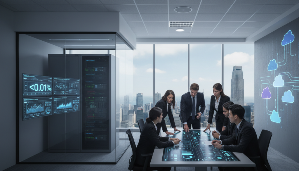 A modern office space in Singapore designed for disaster recovery, showcasing a central server room with advanced technology and digital monitors displaying low downtime metrics. In the foreground, a diverse group of professionals in business attire collaboratively analyzing data, focused expressions indicating proactive strategies. The middle layer features a transparent glass wall revealing the bustling city skyline, symbolizing connectivity and resilience. Soft, ambient lighting illuminates the workspace, creating a warm yet professional atmosphere. The background should display cloud server icons and abstract data streams, subtly reinforcing the concept of data protection and operational continuity. The overall mood is one of confidence and preparedness, emphasizing the importance of reducing downtime in a high-stakes environment. Photorealistic quality enhances the realism of the scene.