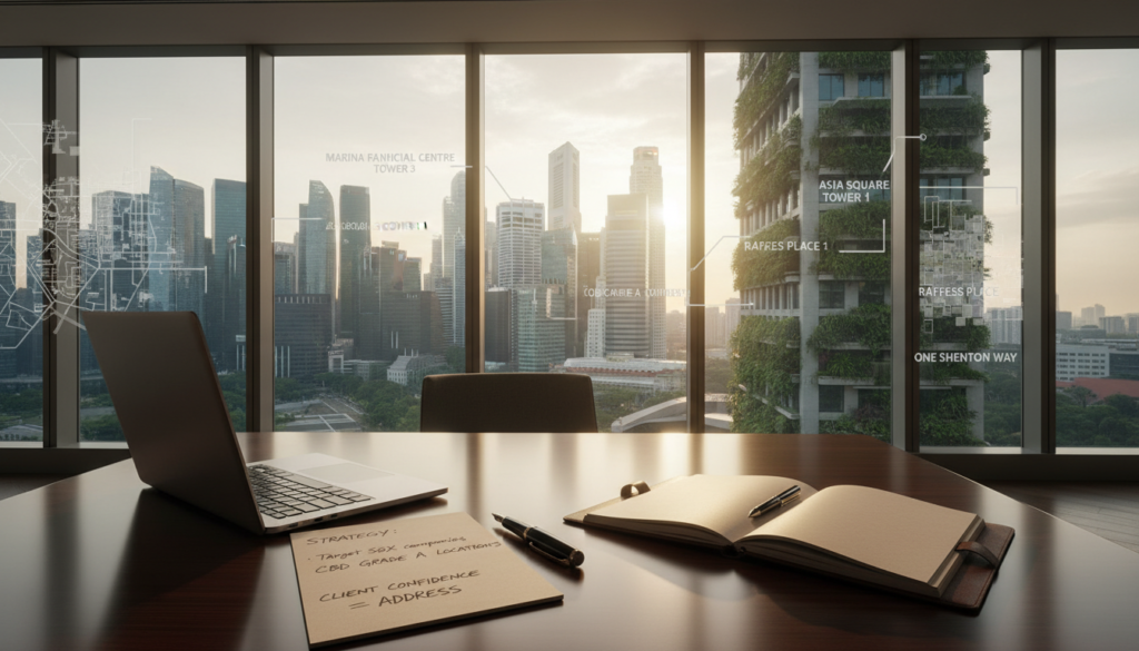 A modern office space in Singapore showcasing various CBD-grade business addresses. In the foreground, a polished wooden desk with a sleek laptop, an elegant pen, and a notepad with strategic marketing notes. The middle layer includes a large window revealing the iconic skyline of Singapore, featuring tall glass buildings and greenery. Soft sunlight filters in, creating a warm, inviting atmosphere. In the background, subtle images of business addresses or location maps are visible on translucent panels, emphasizing credibility and client confidence. The overall mood is professional and optimistic, showcasing a perfect blend of urban sophistication and business potential. The scene should convey a sense of trust and success for businesses considering relocation.