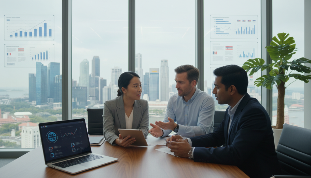 A modern office workspace depicting a professional business setting in Singapore, featuring a stylish wooden desk with a laptop displaying a digital payment interface. In the foreground, a diverse group of three individuals dressed in professional attire—Asian woman, Caucasian man, and Indian man—are engaged in a lively discussion while examining a tablet displaying cross-border transaction data. The middle ground showcases a large window with a view of Singapore's iconic skyline, illuminated by bright daylight. The background includes elements like a potted plant and financial charts, adding depth to the scene. The overall atmosphere is one of collaboration and innovation, with soft, natural light casting gentle shadows, evoking a sense of professionalism and progress. Photorealistic quality enhances the details of the environment and subjects.