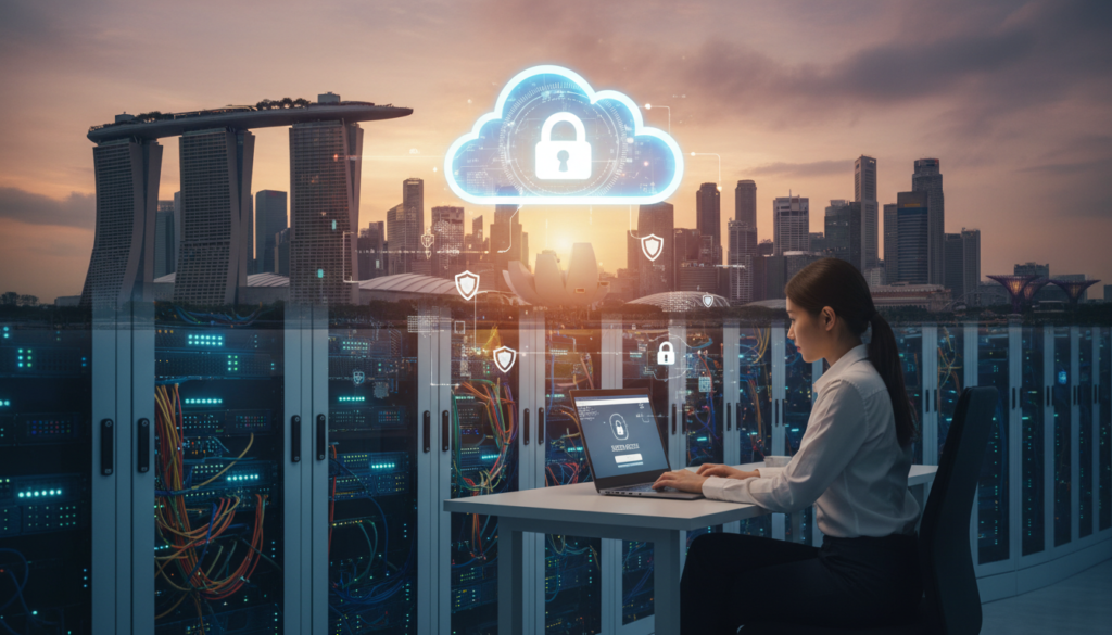 A modern, photorealistic depiction of cloud storage, featuring a sleek, digital cloud icon floating above a vibrant cityscape of Singapore, set against a vivid sunset sky. In the foreground, show a secure server room with rows of illuminated servers and cables, symbolizing data safety and accessibility. In the middle ground, depict a remote worker in smart casual attire, focused on a laptop with a secure login interface, surrounded by digital elements like data streams and security icons. The background features the iconic skyline of Singapore, representing the future of remote work. Use warm lighting to create a hopeful and innovative atmosphere, with a slightly blurred bokeh effect to emphasize the foreground action.