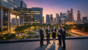 A modern, photorealistic depiction of the Monetary Authority of Singapore's iconic glass-and-steel building, set against a vibrant sky transitioning from dusk to evening. In the foreground, a diverse group of professionals in smart business attire, deeply engaged in discussion, reflecting a collaborative spirit. In the middle ground, sleek, contemporary architecture and lush greenery seamlessly blend, showcasing Singapore's commitment to innovation and finance. In the background, the city skyline glows with dynamic lights, symbolizing the bustling fintech landscape. The lighting is warm and inviting, creating an atmosphere of excitement and progress. Capture this moment from a slightly elevated angle to emphasize the connection between the regulatory body and the vibrant city around it.