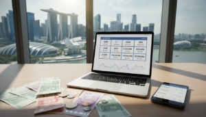 A modern, photorealistic digital workspace illustrating the concept of a multi-currency account for a fintech business. In the foreground, a sleek laptop displays an interactive user interface showing various currencies and live exchange rates. Beside the laptop, a stylish smartphone with a finance app open, displaying account balances in different currencies. In the middle, a wooden desk with scattered international currency notes and coins, symbolizing cross-border trading. The background features a contemporary office environment with a large window revealing a skyline of Singapore, reflecting a dynamic business atmosphere. Bright, natural lighting filters through the window, creating an inviting and professional mood. The image should evoke a sense of innovation and efficiency in global finance.