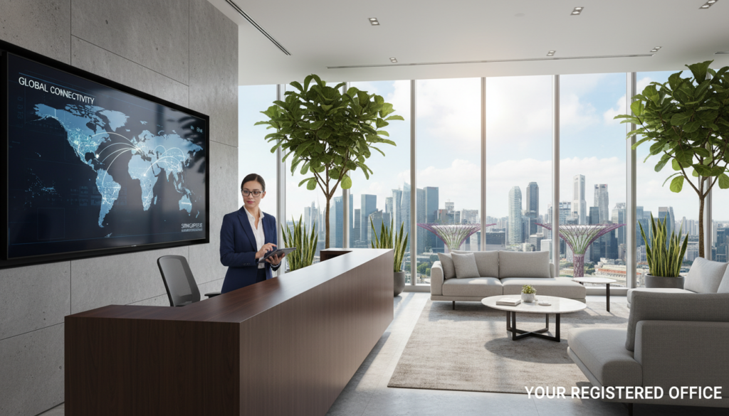 A modern, photorealistic office reception area, showcasing a sleek, minimalist design. In the foreground, a polished wooden reception desk is centered, with a professional looking receptionist dressed in smart business attire, engaging with a digital tablet. In the middle, blurred but recognizable are stylish office furnishings, including comfortable seating and potted greenery. The background features floor-to-ceiling windows that flood the space with natural light, offering a view of Singapore's skyline. The atmosphere is welcoming and professional, highlighting the importance of maintaining a registered office address in a corporate setting. The lighting is bright, creating an inviting ambiance, and the angle captures the entire scene dynamically, emphasizing the modernity of the space.