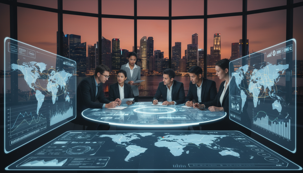 A modern, photorealistic transfer network scene illustrating the complexities of cross-border payments. In the foreground, a sleek, high-tech computer interface displays digital graphs and maps showing transaction flows between countries, with vibrant colors and dynamic animations. The middle ground features a diverse group of professionals in business attire, engaged in discussion and analyzing the data on screens, conveying collaboration and expertise. In the background, a city skyline of Singapore with iconic architecture, bathed in warm sunset lighting, symbolizes global connectivity. The atmosphere is one of innovation and efficiency, with soft, diffused lighting enhancing the professionalism and clarity of the environment. The angle captures a wide view that encompasses both the human element and the technological innovation.