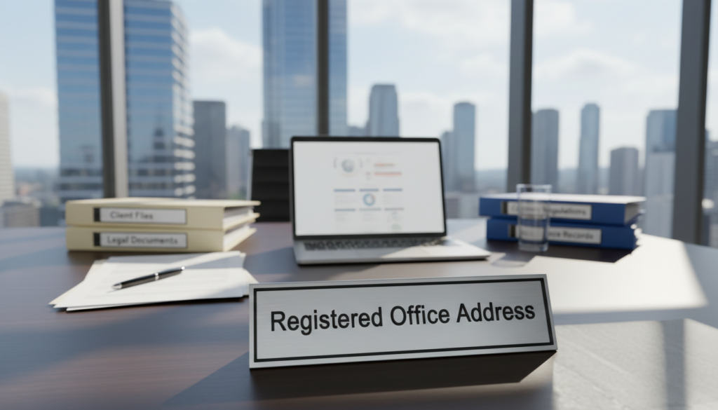 A modern, professional office interior showcasing a sleek desk with a laptop open on it, surrounded by organized folders and documents. In the foreground, a close-up of a stylish nameplate reading "Registered Office Address." The middle ground features a large window with natural light streaming in, illuminating the space and casting soft shadows. In the background, a city skyline can be seen through the window, symbolizing a corporate environment. The mood is serious yet inviting, reflecting the importance of compliance and credibility in business. Photography style is photorealistic, captured with a focus on depth of field to highlight the nameplate while gently blurring the background, creating a clear visual hierarchy. Bright, even lighting accentuates the professionalism of the scene.