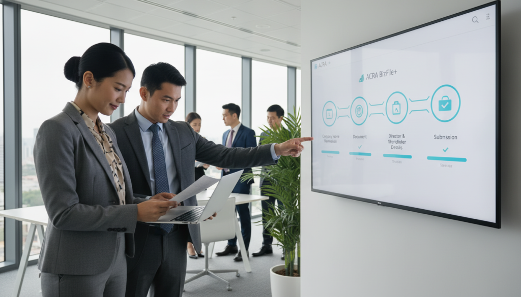 A modern, professional workspace featuring a diverse group of individuals engaged in the Singapore incorporation process. In the foreground, a businesswoman in formal attire is reviewing documents on a laptop, while a businessman, dressed in a smart suit, gestures towards the screen with a look of focus. In the middle ground, a large digital display showcases the BizFile+ platform interface, highlighting various incorporation steps in graphical form. The background features an office setting with glass walls and natural light pouring in, creating a bright and welcoming atmosphere. The lighting is soft yet clear, enhancing the professionalism of the scene. Capture the mood of collaboration and excitement about entrepreneurship in Singapore. The image should be photorealistic and free of any text or logos. A modern, professional workspace featuring a diverse group of individuals engaged in the Singapore incorporation process. In the foreground, a businesswoman in formal attire is reviewing documents on a laptop, while a businessman, dressed in a smart suit, gestures towards the screen with a look of focus. In the middle ground, a large digital display showcases the BizFile+ platform interface, highlighting various incorporation steps in graphical form. The background features an office setting with glass walls and natural light pouring in, creating a bright and welcoming atmosphere. The lighting is soft yet clear, enhancing the professionalism of the scene. Capture the mood of collaboration and excitement about entrepreneurship in Singapore. The image should be photorealistic and free of any text or logos.