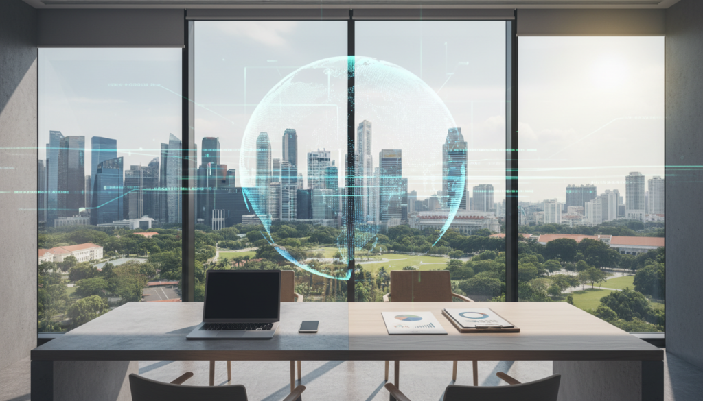 A modern, sleek virtual office setup in Singapore, highlighting a professional business environment. In the foreground, a stylish desk with a laptop, business documents, and a smartphone neatly arranged. The middle ground features a large window offering a panoramic view of the iconic Singapore skyline, showcasing skyscrapers and greenery. Soft, natural lighting filters through the window, casting gentle shadows and creating a warm atmosphere. In the background, an abstract representation of a globe, symbolizing global business connections, subtly blends with a pattern of digital data streams. The mood is focused and inviting, emphasizing a sense of professionalism and opportunity for foreign-owned companies looking to establish a presence in Singapore.