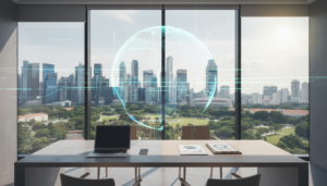 A modern, sleek virtual office setup in Singapore, highlighting a professional business environment. In the foreground, a stylish desk with a laptop, business documents, and a smartphone neatly arranged. The middle ground features a large window offering a panoramic view of the iconic Singapore skyline, showcasing skyscrapers and greenery. Soft, natural lighting filters through the window, casting gentle shadows and creating a warm atmosphere. In the background, an abstract representation of a globe, symbolizing global business connections, subtly blends with a pattern of digital data streams. The mood is focused and inviting, emphasizing a sense of professionalism and opportunity for foreign-owned companies looking to establish a presence in Singapore.