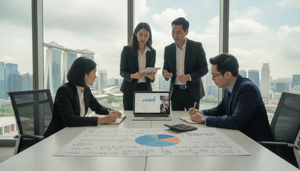 A modern virtual office environment in Singapore, showcasing a professional workspace. In the foreground, a sleek desk with a laptop and a notepad filled with financial calculations and a calculator, representing costs to plan for. In the middle ground, a diverse group of four business professionals—two women and two men—dressed in business attire, engaged in a discussion around the desk, analyzing various expenditure items like office supplies, utilities, and technology costs. The background features a panoramic view of Singapore's skyline through large windows, capturing the essence of a bustling city. Soft, natural lighting flows in, enhancing the professional atmosphere, while a shallow depth of field blurs the background slightly, focusing on the engaged group and their workspace. The mood is collaborative and focused, embodying a forward-thinking approach to cost management.