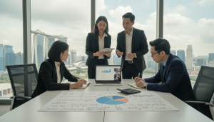 A modern virtual office environment in Singapore, showcasing a professional workspace. In the foreground, a sleek desk with a laptop and a notepad filled with financial calculations and a calculator, representing costs to plan for. In the middle ground, a diverse group of four business professionals—two women and two men—dressed in business attire, engaged in a discussion around the desk, analyzing various expenditure items like office supplies, utilities, and technology costs. The background features a panoramic view of Singapore's skyline through large windows, capturing the essence of a bustling city. Soft, natural lighting flows in, enhancing the professional atmosphere, while a shallow depth of field blurs the background slightly, focusing on the engaged group and their workspace. The mood is collaborative and focused, embodying a forward-thinking approach to cost management.