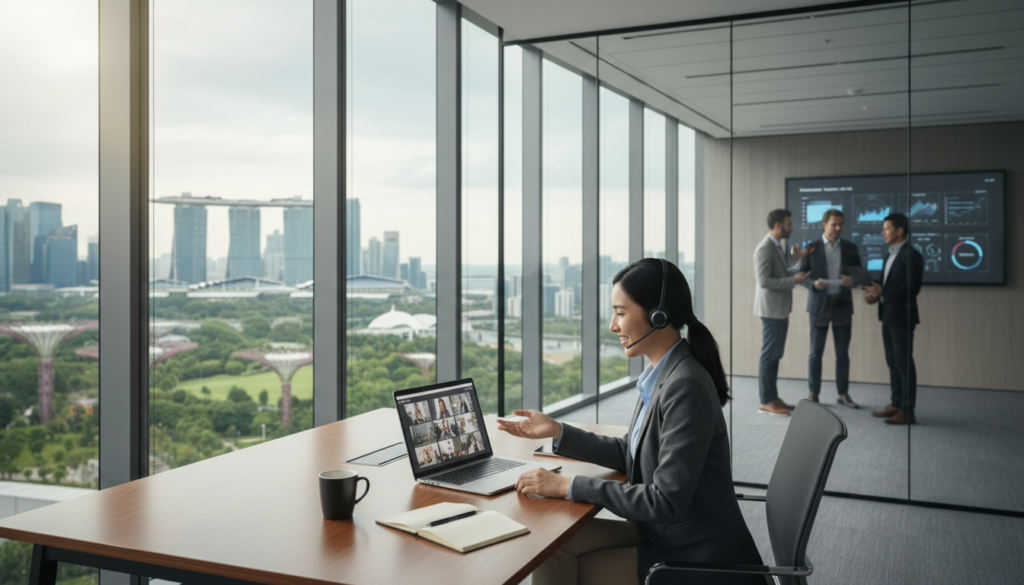 A modern virtual office scene showcasing a sleek, minimalistic workspace. In the foreground, a stylish desk with a laptop, notepad, and a cup of coffee, all organized neatly. A professional woman in business attire is sitting on a comfortable chair, engaged in a video conference. The middle ground features a large window with a view of the Singapore skyline, vividly illustrating a blend of modern architecture and greenery. In the background, a small team of diverse professionals is seen collaborating in a separate area, emphasizing a dynamic and productive environment. Soft, natural lighting floods the space, creating an inviting and focused atmosphere. The overall mood conveys professionalism, innovation, and collaboration. The image is photorealistic, shot from a slight angle to add depth and perspective to the workspace.
