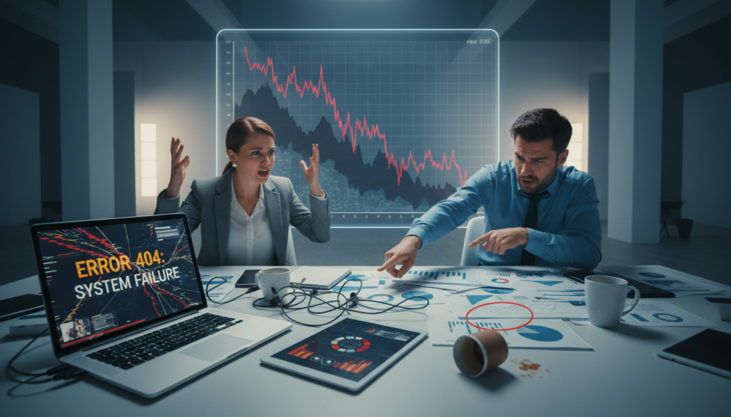 A modern virtual office setting that conveys the concept of operational pitfalls. In the foreground, a cluttered workspace with digital devices like laptops and tablets malfunctioning, displaying error messages. Middle ground features stressed professionals in business attire, one on a video call looking frustrated, and another analyzing scattered paperwork. In the background, a large virtual screen shows a sinking financial graph projected in a sleek, contemporary office space filled with muted colors. Dynamic lighting creates a sense of urgency, with shadows enhancing the chaotic atmosphere. The scene is captured with a wide-angle lens, allowing for a broad perspective of the operational struggles faced in a virtual office environment.