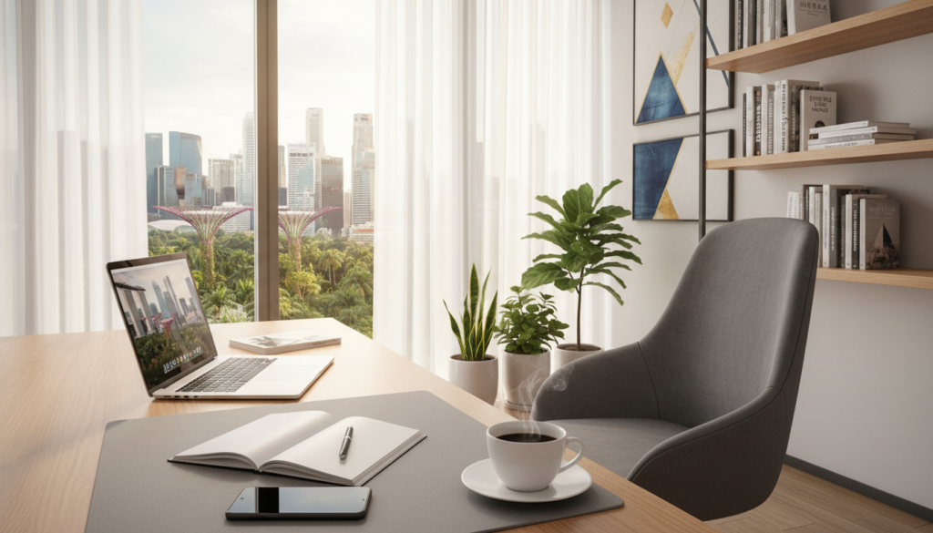 A modern virtual office setup in Singapore, featuring a sleek desk with a high-tech laptop, a stylish ergonomic chair, and a few potted plants for a touch of greenery. The foreground presents a close-up of a well-organized workspace, including business tools like a notebook, a smartphone, and a coffee cup. In the middle ground, a large window reveals a stunning skyline of Singapore with iconic buildings and lush vegetation, bathed in natural sunlight filtering through sheer curtains. The background showcases abstract art on the walls and shelves with business books, creating an inviting atmosphere. The overall mood is professional yet relaxed, emphasizing flexibility and modernity in remote work environments. The lighting is bright and warm, capturing a sense of productivity and inspiration in a photorealistic style. A modern virtual office setup in Singapore, featuring a sleek desk with a high-tech laptop, a stylish ergonomic chair, and a few potted plants for a touch of greenery. The foreground presents a close-up of a well-organized workspace, including business tools like a notebook, a smartphone, and a coffee cup. In the middle ground, a large window reveals a stunning skyline of Singapore with iconic buildings and lush vegetation, bathed in natural sunlight filtering through sheer curtains. The background showcases abstract art on the walls and shelves with business books, creating an inviting atmosphere. The overall mood is professional yet relaxed, emphasizing flexibility and modernity in remote work environments. The lighting is bright and warm, capturing a sense of productivity and inspiration in a photorealistic style.