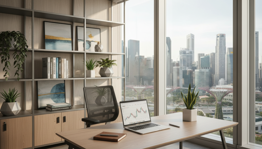 A modern virtual office setup in Singapore, featuring a sleek, well-organized workspace. In the foreground, a stylish desk with a laptop, a notepad, and a potted plant, symbolizing productivity. The middle layer includes a contemporary ergonomic chair and stylish bookshelves filled with business literature. In the background, large windows showcasing the iconic Singapore skyline with skyscrapers reflecting daylight. Soft, natural light streams through the windows, creating a warm and inviting atmosphere. The office is accented with tasteful decor, such as abstract art and greenery, enhancing the professional yet approachable mood. Capture this scene from a slightly elevated angle to display the entire office layout in a photorealistic style, emphasizing the elegance and functionality of a virtual office environment.