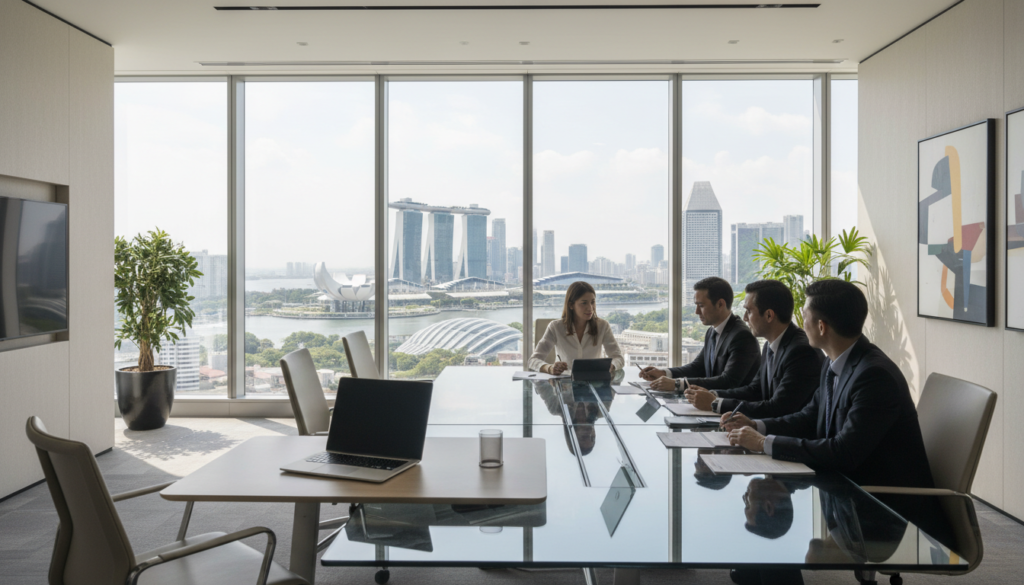 A modern virtual office space in Singapore designed for a foreign-owned company. In the foreground, a sleek, minimalist desk with a high-tech laptop and a stylish ergonomic chair. In the middle, a bright, airy room featuring large windows that showcase a panoramic view of Singapore's skyline, dotted with iconic buildings. Professional individuals in business attire collaborate around a glass conference table, with digital devices and paperwork scattered about. The atmosphere is vibrant and energetic, illuminated by natural daylight streaming through the windows, emphasizing an environment conducive to productivity. The background includes potted plants and contemporary wall art, enhancing the professional yet inviting ambiance. Photorealistic rendering captures fine details, making the scene lifelike.