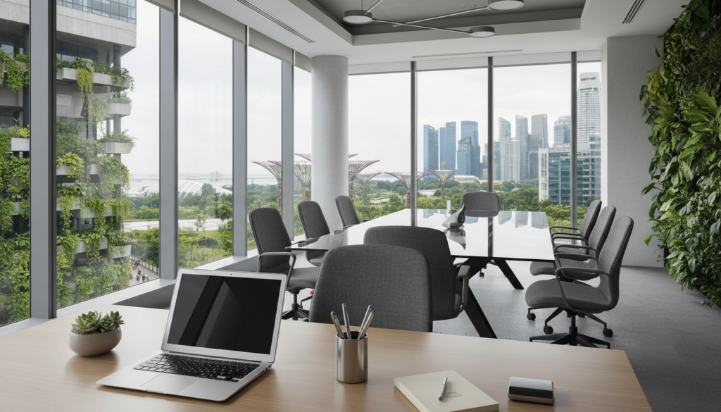 A modern virtual office space in Singapore, featuring sleek, minimalist design elements and advanced technology. In the foreground, a professional-looking desk with a high-end laptop, stylish stationery, and a potted plant. The middle ground showcases a conference area with a glass table and ergonomic chairs, inviting natural light from large windows that offer a view of Singapore's skyline, including iconic skyscrapers. The background displays vibrant green foliage and urban architecture, creating a harmonious blend of nature and city life. Soft, diffused lighting fills the space, creating a warm and inviting atmosphere. The overall mood is professional yet relaxed, perfect for fostering creativity and collaboration. The image should be photorealistic, capturing intricate details and textures.
